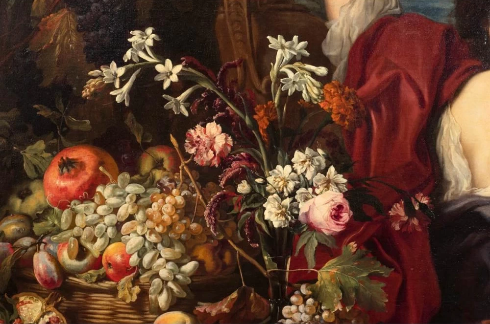 Natura morta di frutta con figura femminile e paesaggio sullo sfondo - dettaglio